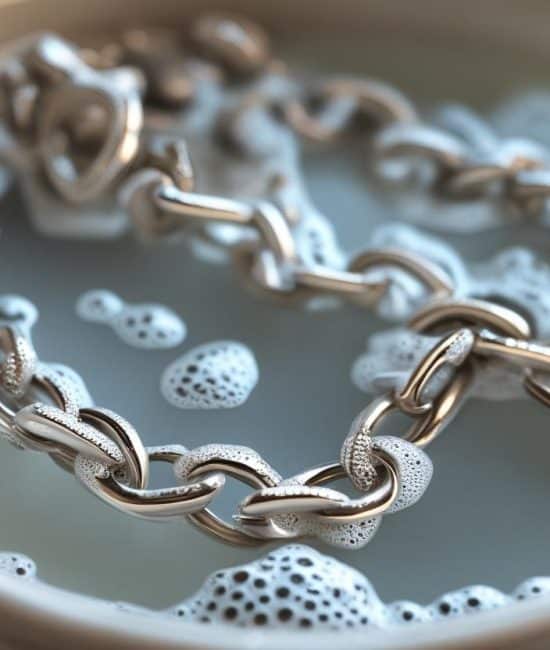 Sterling silver necklace soaking in a bowl of soapy water during a gentle cleaning process