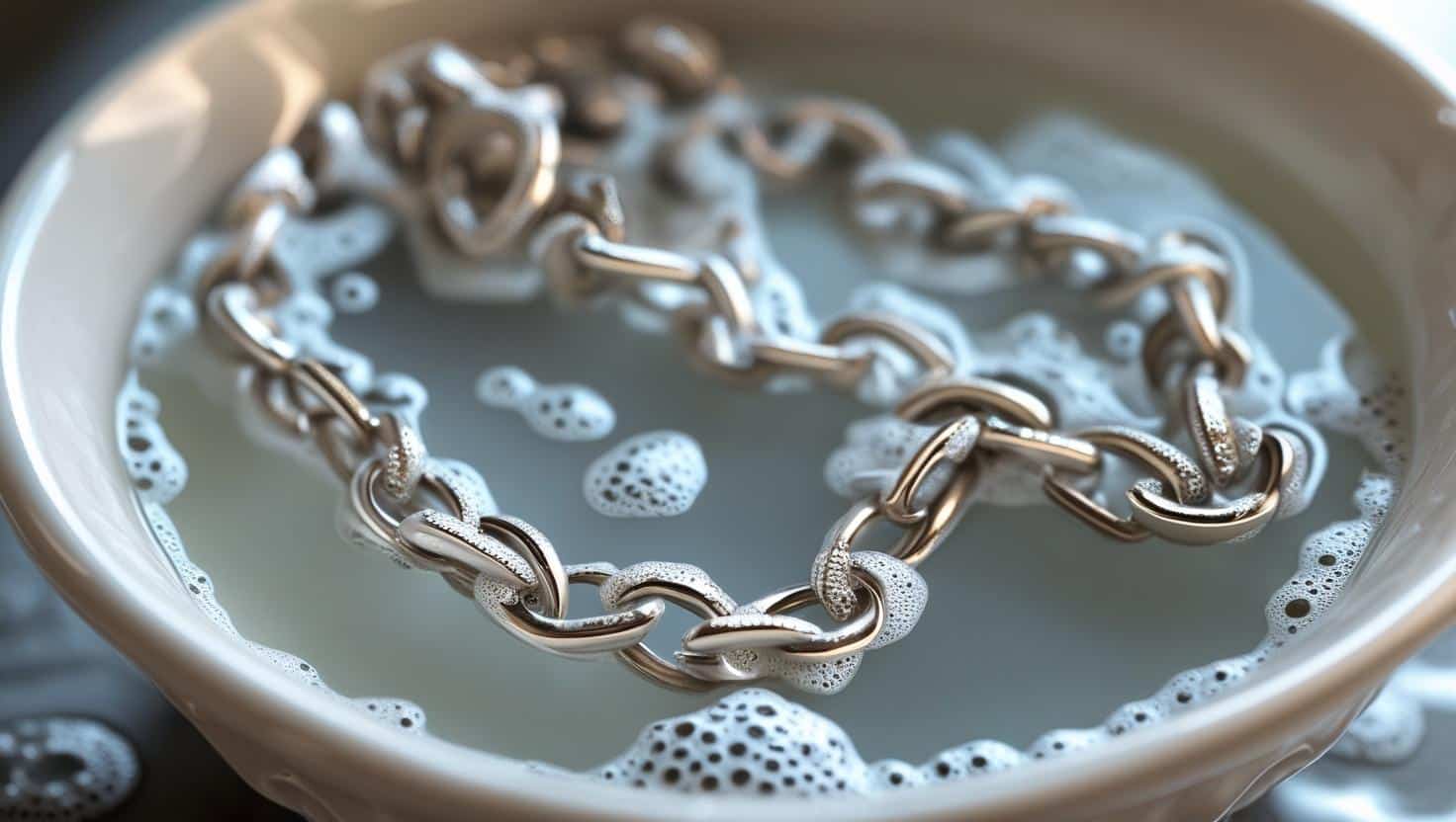 Sterling silver necklace soaking in a bowl of soapy water during a gentle cleaning process