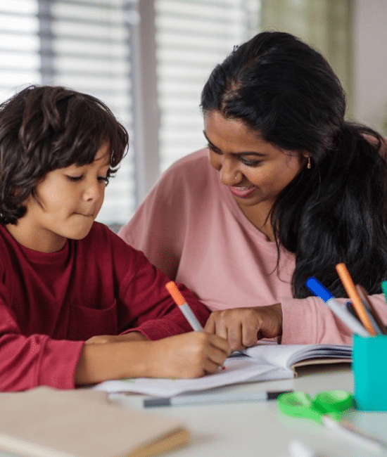 A mother teaching her son