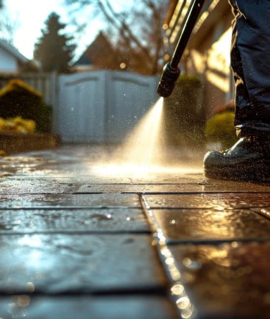 A person spraying water on a sidewalk