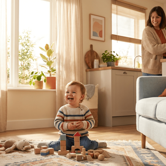 3-year-old toddler playing in the living room during a calm morning routine