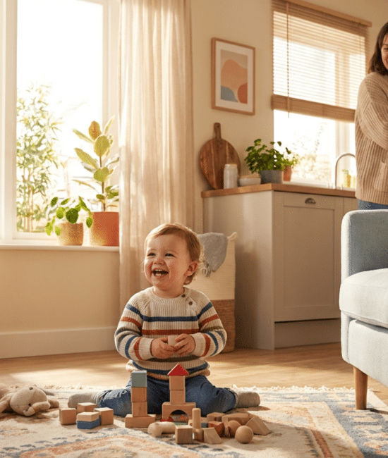 3-year-old toddler playing in the living room during a calm morning routine