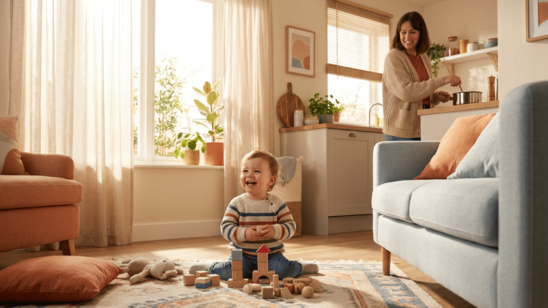 3-year-old toddler playing in the living room during a calm morning routine