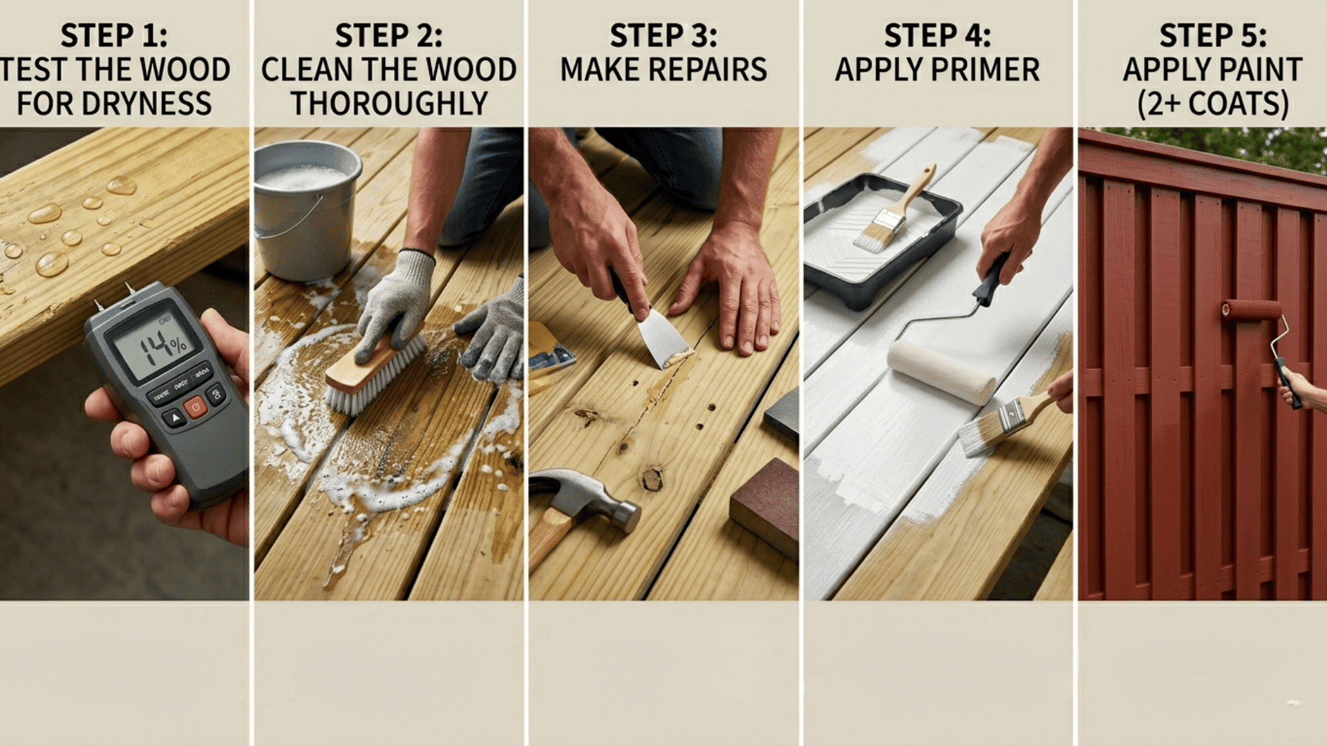 A 5-step collage showing how to test, clean, repair, prime, and paint pressure-treated wood for a professional, lasting finish