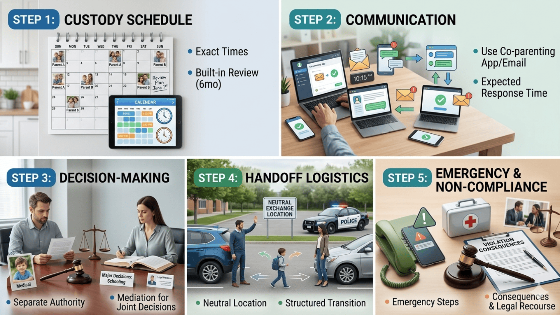 A 5-step infographic for parallel parenting, covering schedule, communication, decision-making, logistics, and compliance.