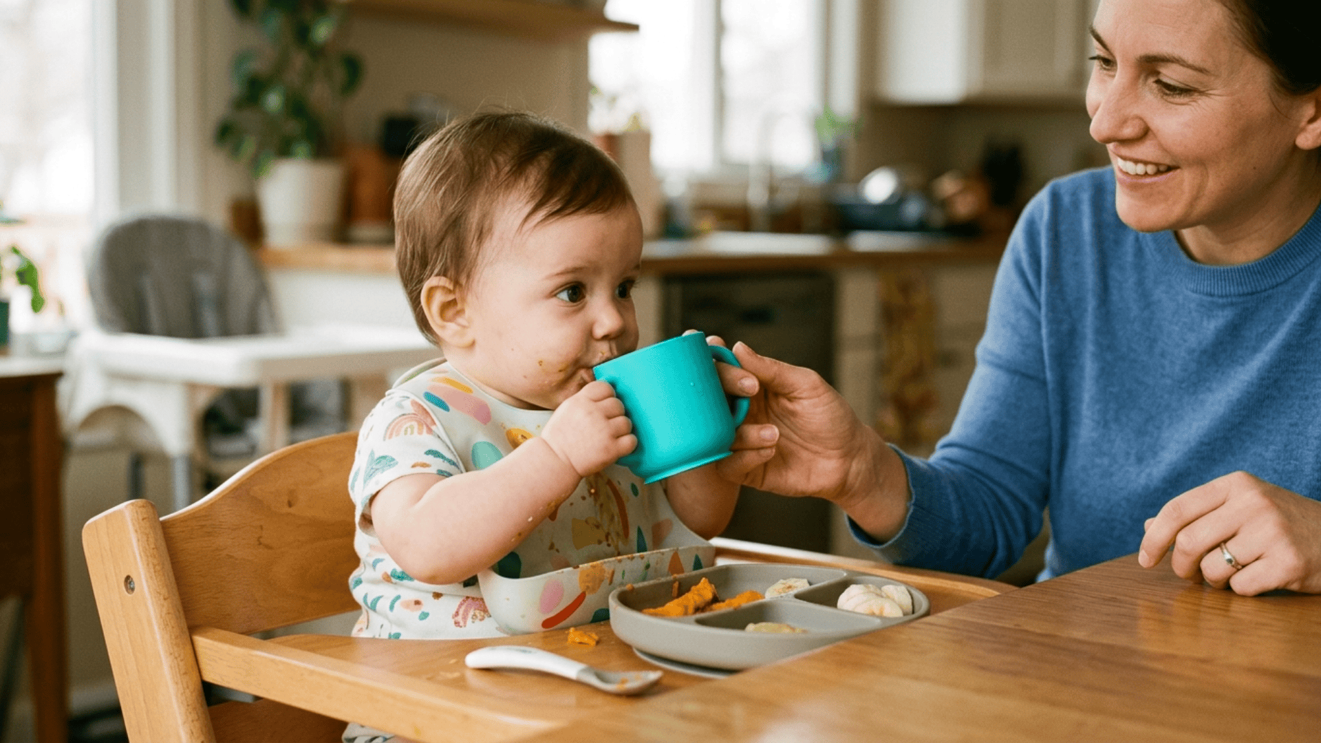 A baby drinks from a small blue cup at a high chair during a meal, with a woman smiling nearby.