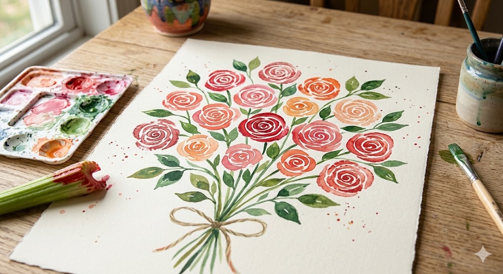 A bouquet of painted flowers on paper where the rose shapes were made by stamping the end of a celery stalk