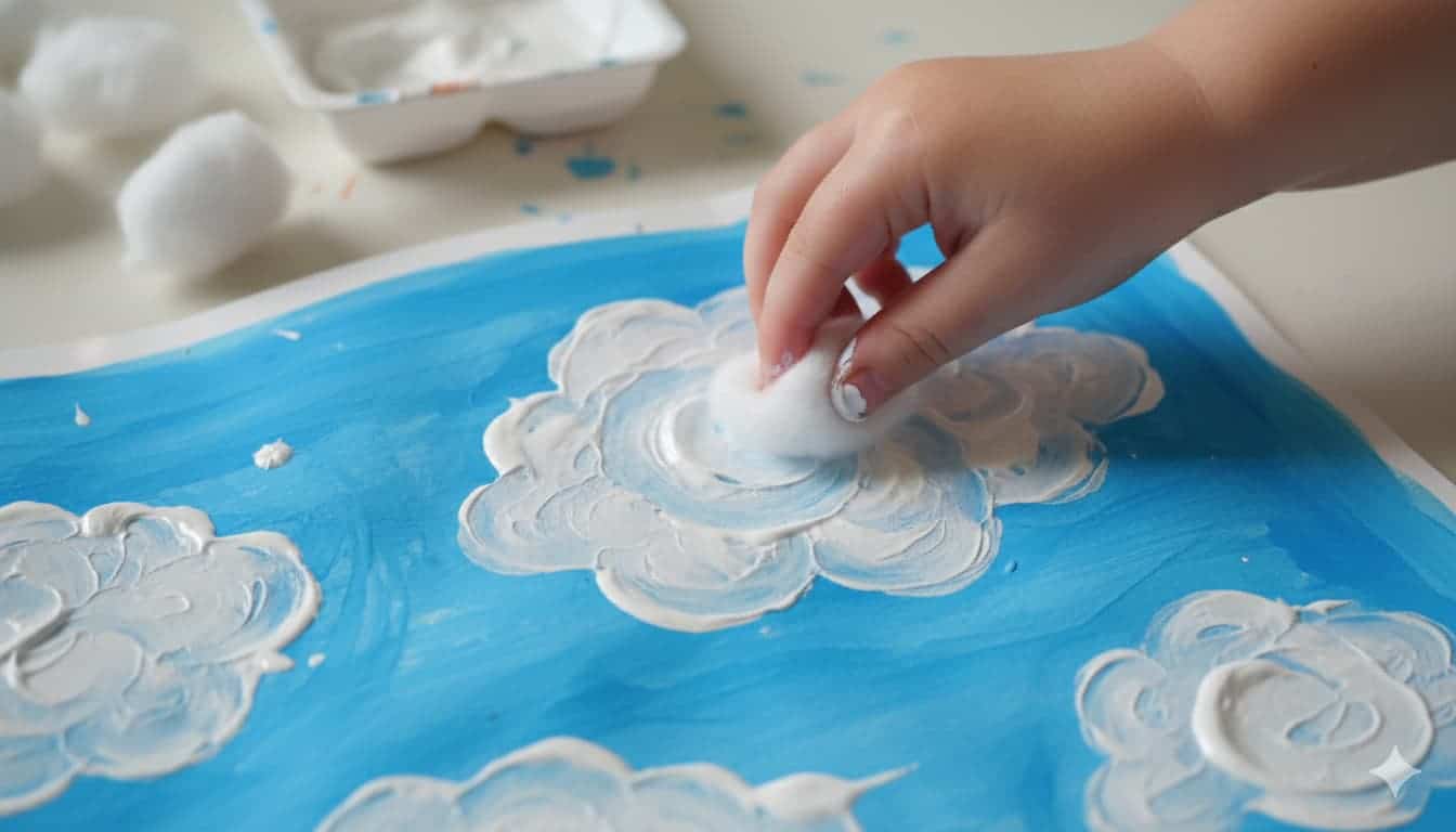 A bright blue sky painting featuring fluffy white clouds created by dabbing white paint with soft cotton balls