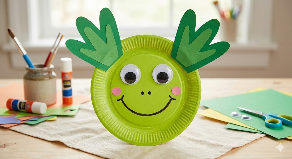 A bright green paper plate decorated with googly eyes and construction paper ears to look like a friendly frog