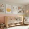 A bright, modern nursery featuring a light wood crib centered against a wall painted in horizontal pastel stripes of pink, yellow, and light green, decorated.