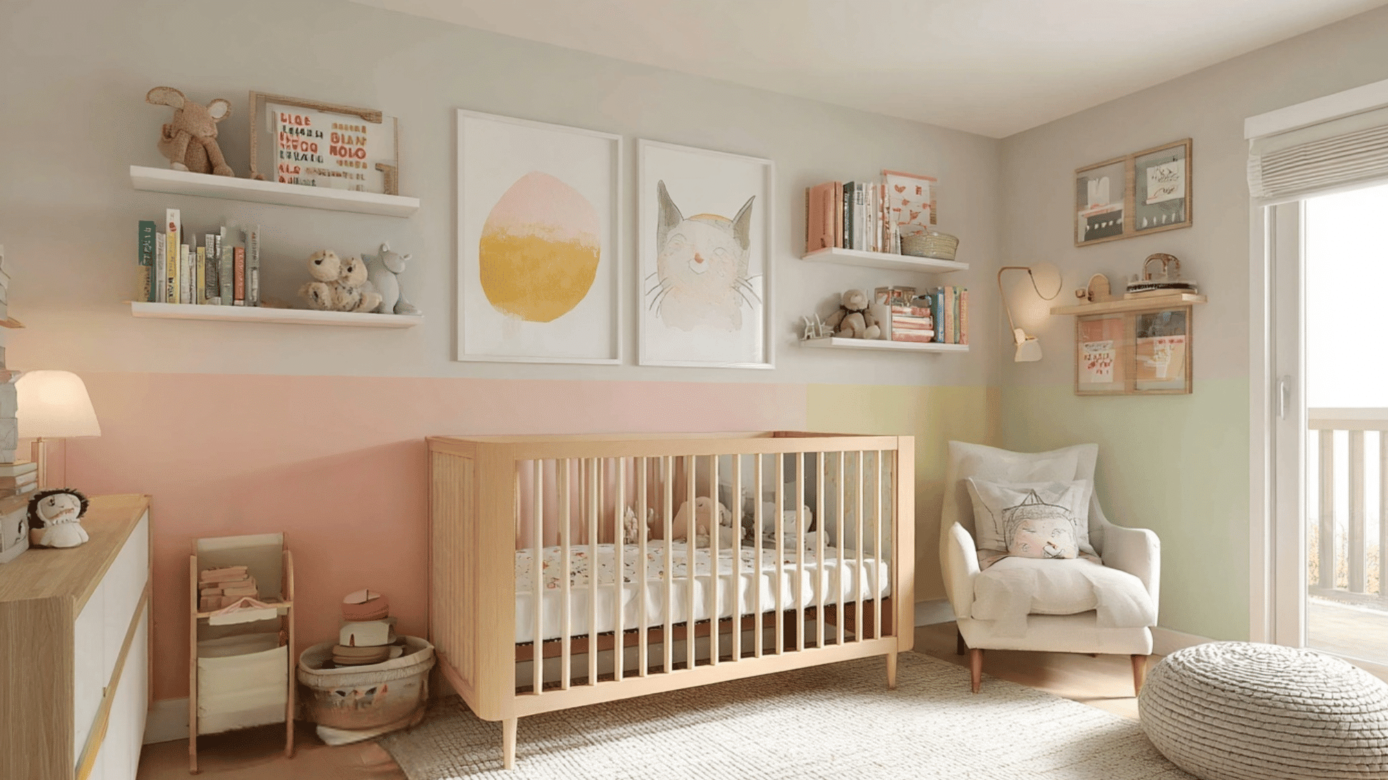 A bright, modern nursery featuring a light wood crib centered against a wall painted in horizontal pastel stripes of pink, yellow, and light green, decorated.