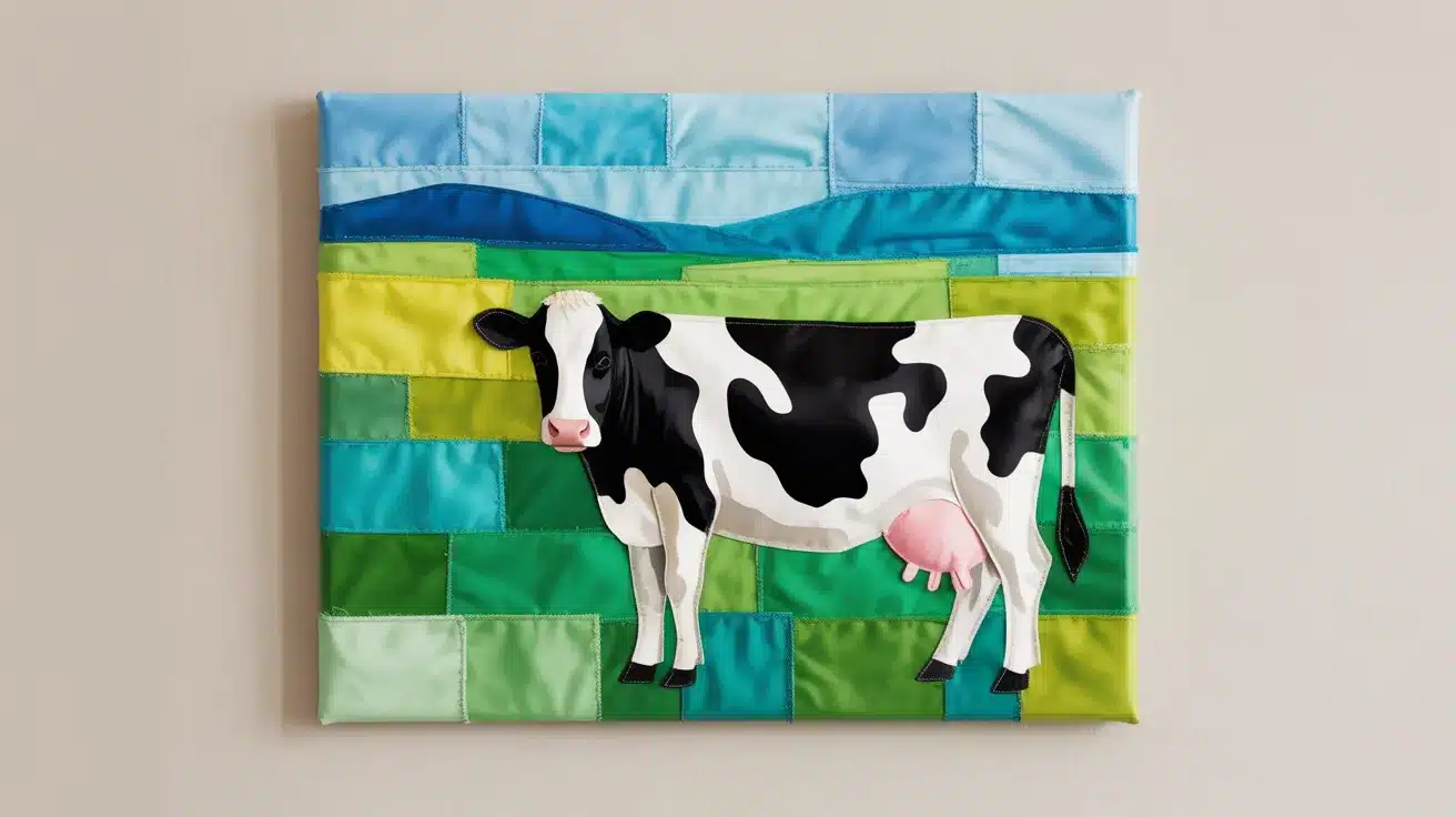 A canvas farm animal wall art piece with a painted cow on a collaged green field and blue sky background