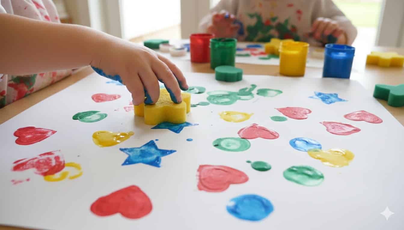 A child’s hand pressing a star-shaped sponge dipped in bright blue paint onto a sheet of paper filled with colorful stamped hearts and circles
