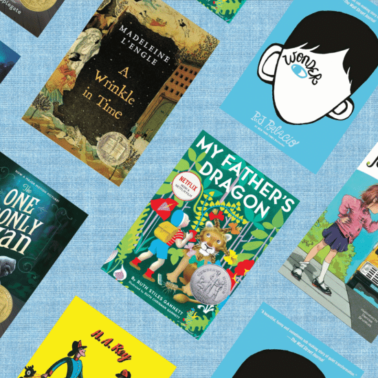 A collage of popular books for elementary students, including Bridge to Terabithia, A Wrinkle in Time, Wonder, The One and Only Ivan, My Father's Dragon, and Junie B. Jones, scattered on a light b