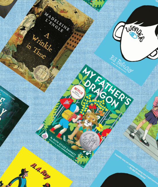A collage of popular books for elementary students, including Bridge to Terabithia, A Wrinkle in Time, Wonder, The One and Only Ivan, My Father's Dragon, and Junie B. Jones, scattered on a light b