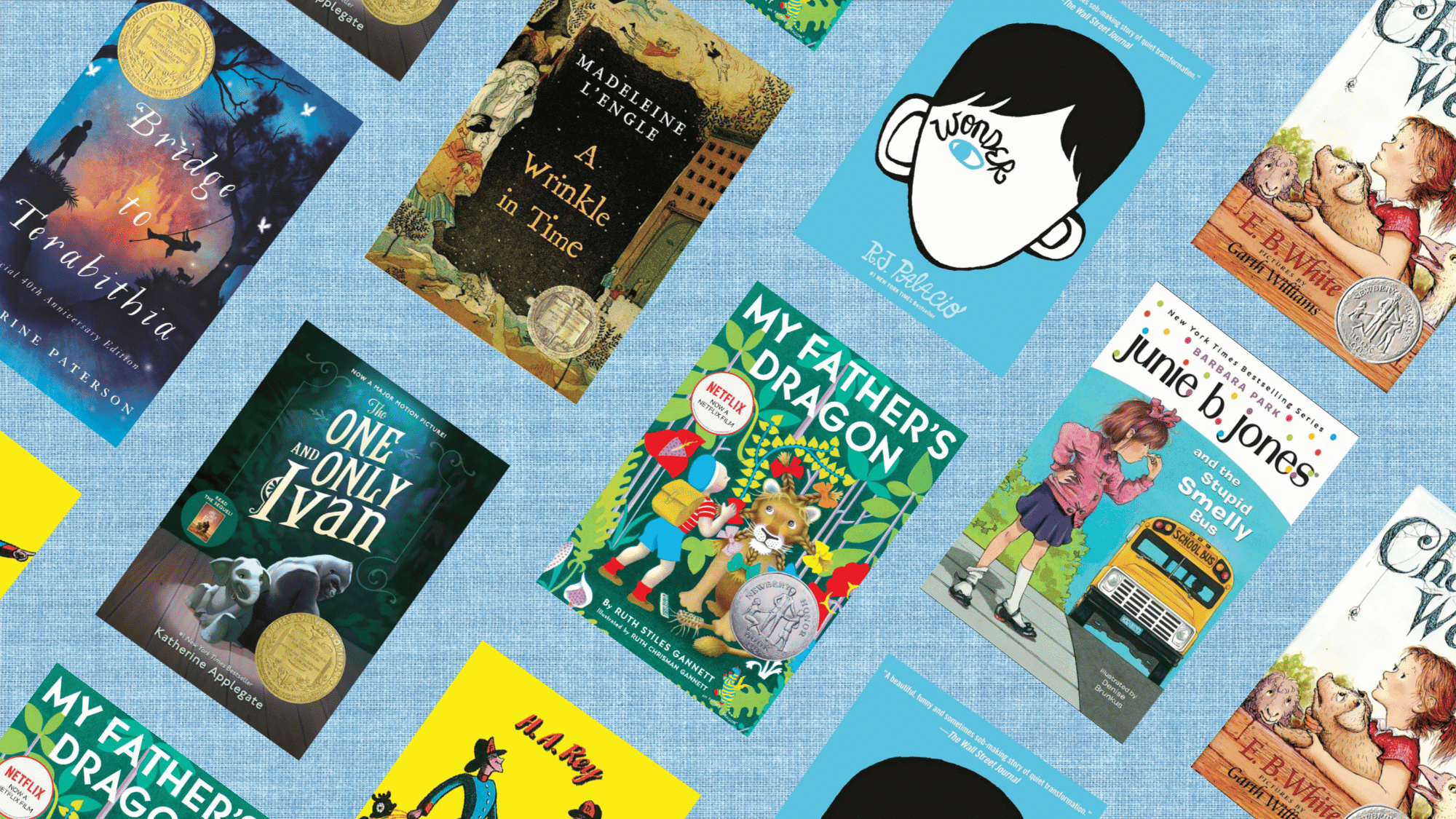 A collage of popular books for elementary students, including Bridge to Terabithia, A Wrinkle in Time, Wonder, The One and Only Ivan, My Father's Dragon, and Junie B. Jones, scattered on a light b