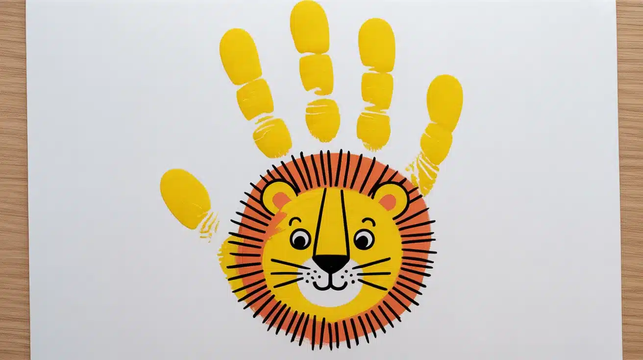 A colorful painting of a yellow handprint turned into a lion with a hand-drawn mane and a cute face on white paper