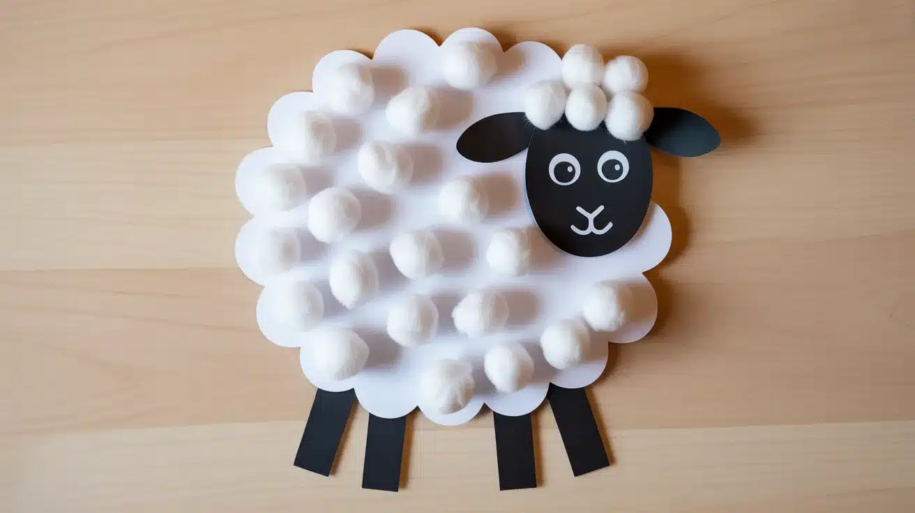 A cotton ball sheep craft with a fluffy white body, black paper head and legs on a wooden surface