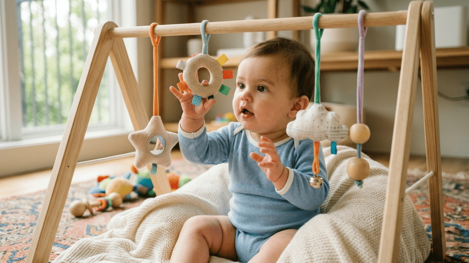 A curious baby in a blue onesie reaches up to touch colorful, dangling toys on a wooden play gym while sitting on a blanket.
