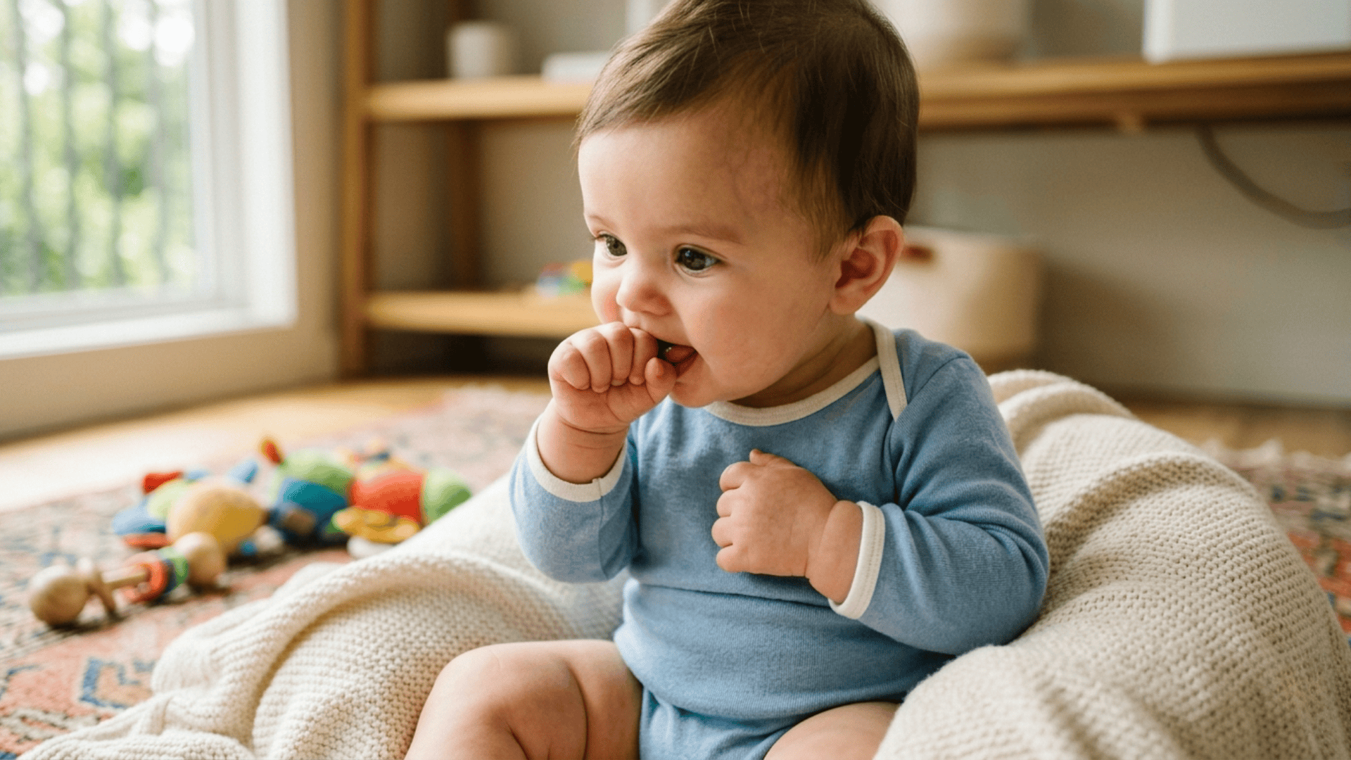 A curious baby in a blue onesie sits on a blanket, intently exploring their small clenched fist near their mouth.