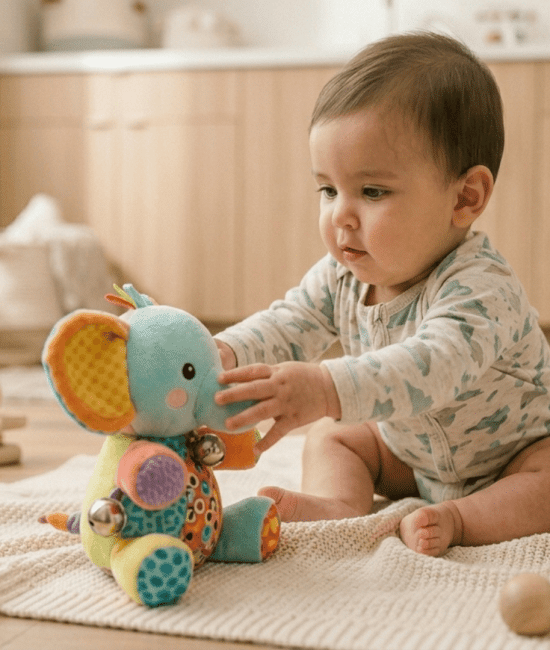A curious baby in a patterned onesie sits on a cream blanket, reaching out to touch a colorful plush elephant toy with one hand.