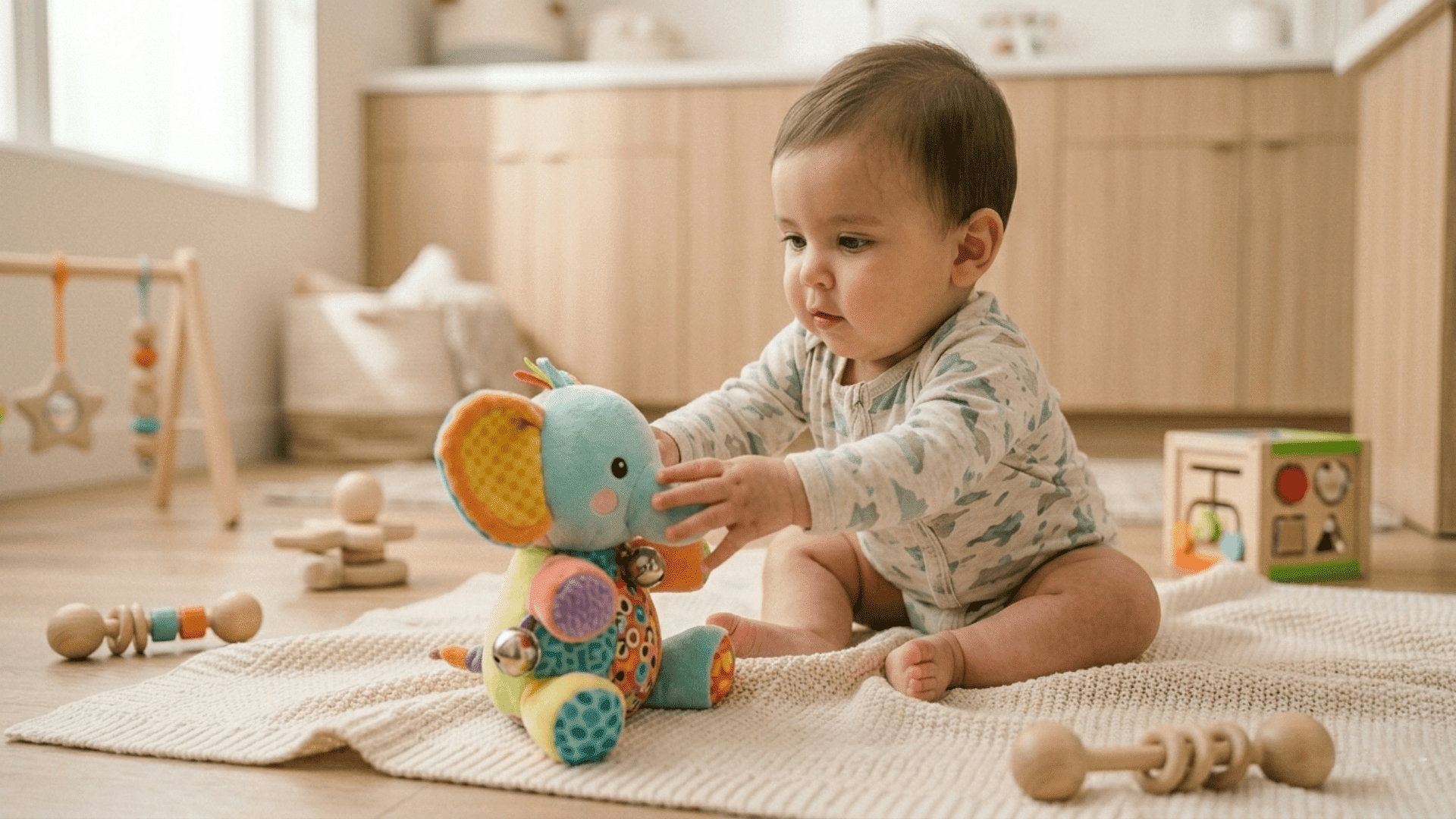 A curious baby in a patterned onesie sits on a cream blanket, reaching out to touch a colorful plush elephant toy with one hand.