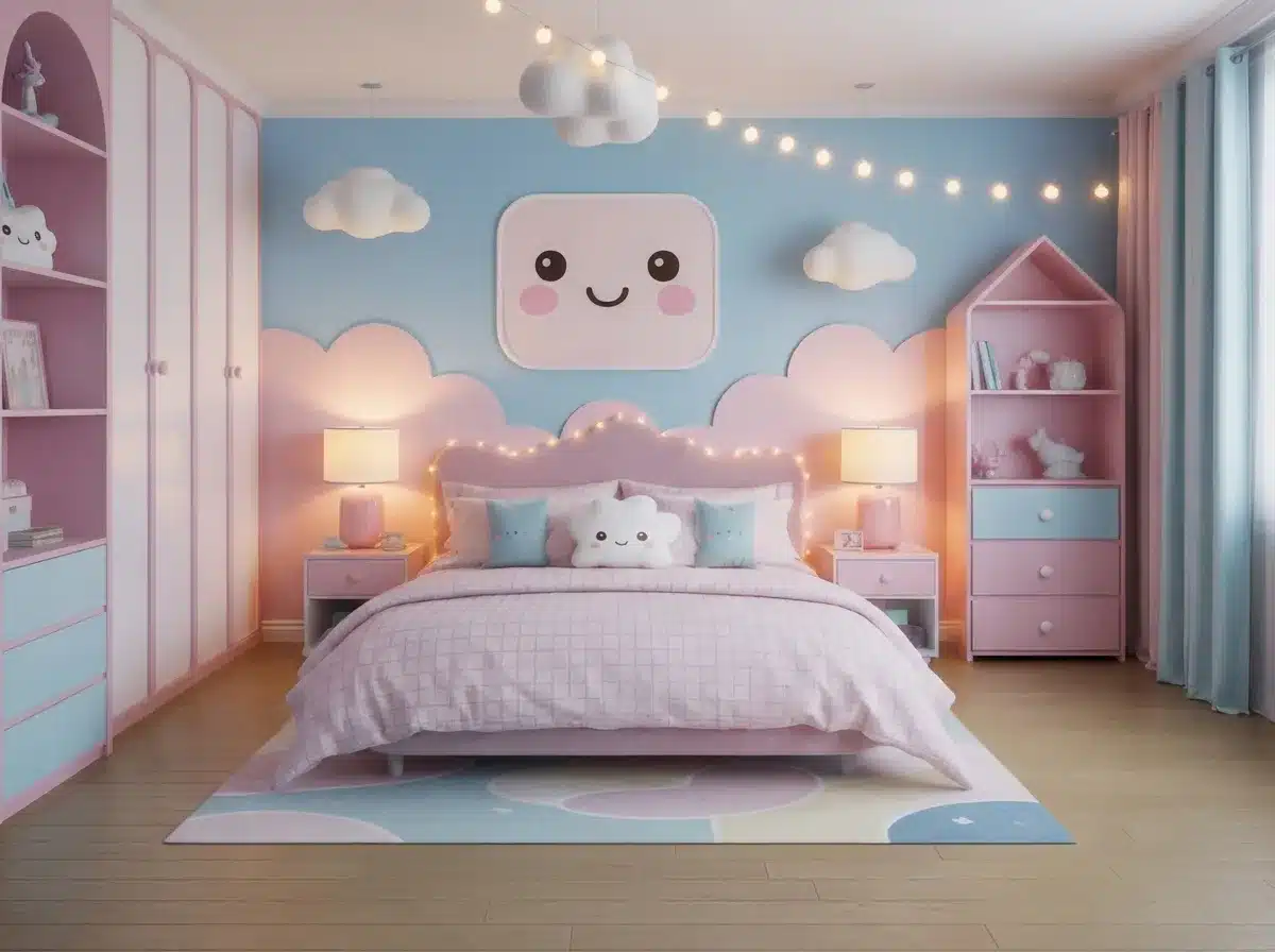 A cute, playful bedroom filled with pastel pink and lilac plush toys, cloud-shaped pillows, kawaii wall prints, fairy lights, and sky blue and soft pink accents throughout
