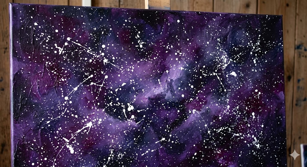 A deep space scene with blended layers of dark purple and black paint, topped with tiny white _star_ splatters