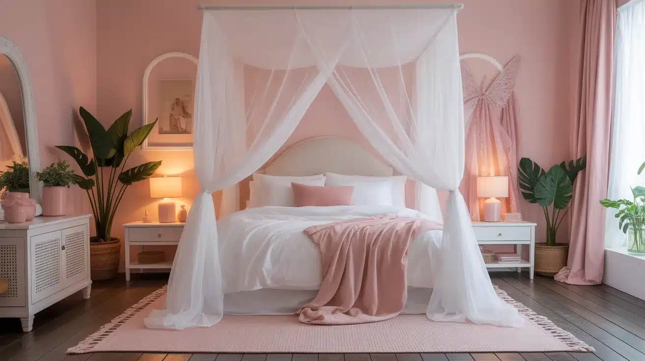 A dreamy bedroom with fairy lights wrapped around a sheer white canopy above the bed, faux hanging vines, soft pastel pink tones, and glowing warm ambient lighting