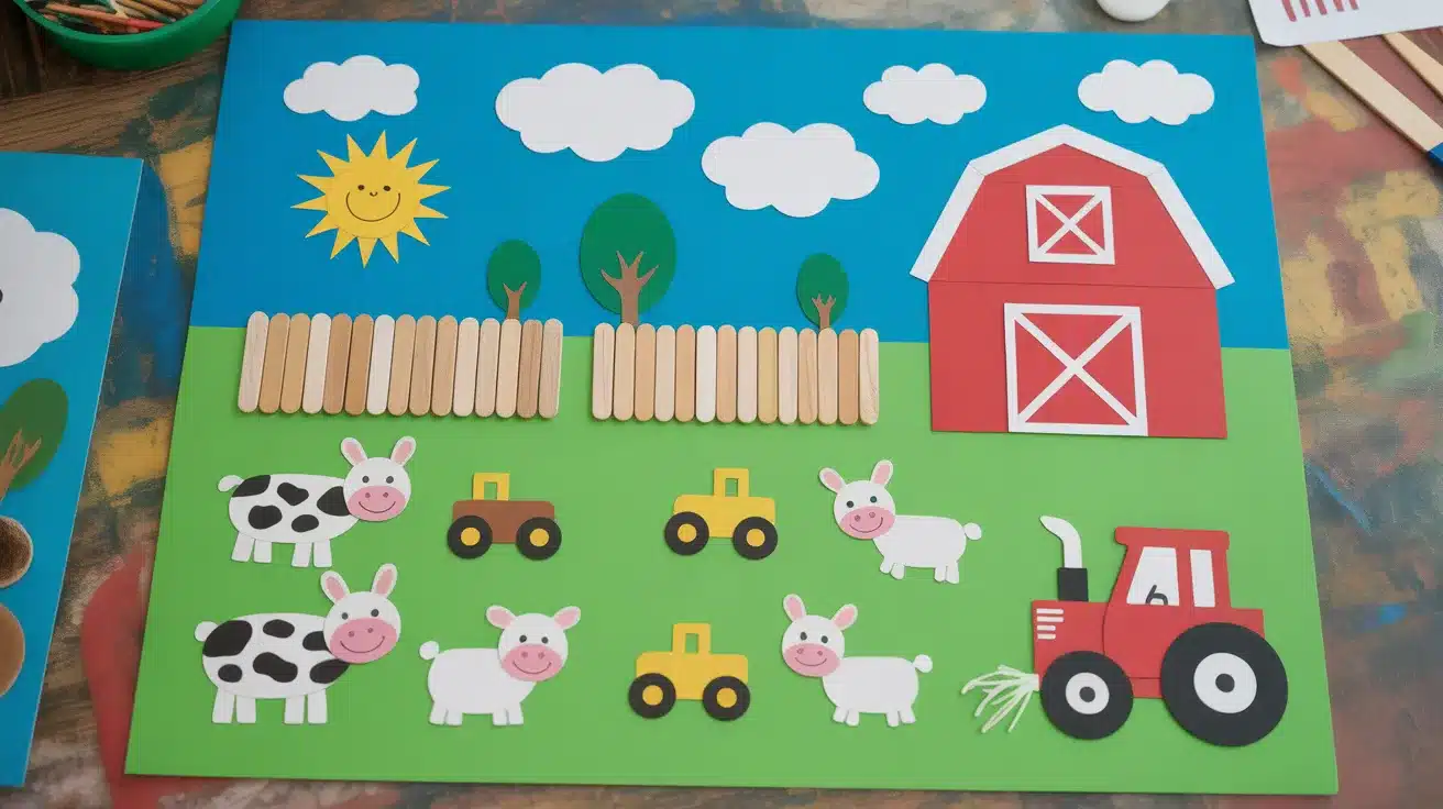 A farmyard collage craft with a red paper barn, farm animals, popsicle stick fence, and tractor on a poster board