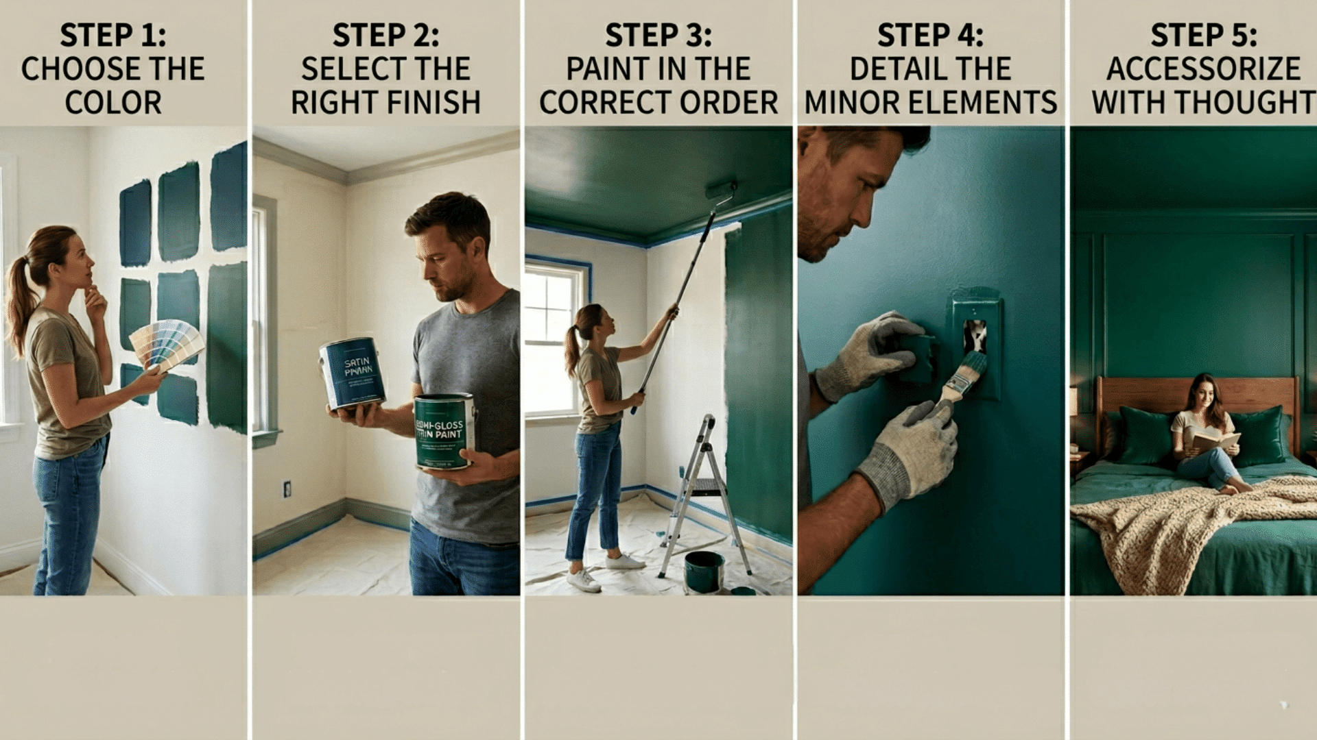 A five-step photo guide collage detailing how to prep, select paint, and fully color-drench a bedroom from start to finish.