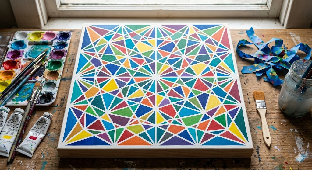 A geometric _stained glass_ art piece with crisp white lines separating vibrant, painted triangles, created using painter’s tape
