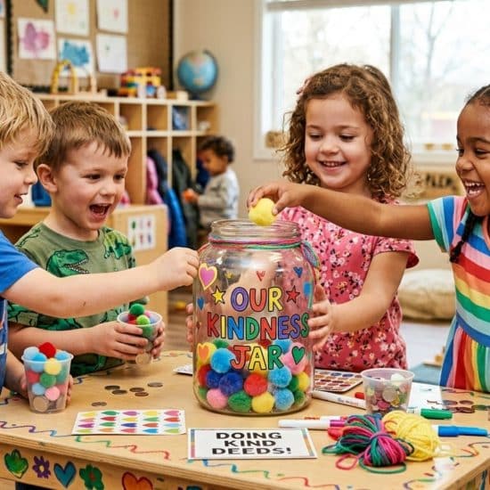 A group of diverse preschoolers smiles while adding colorful pom-poms to a large glass Our Kindness Jar in a classroom. (1)