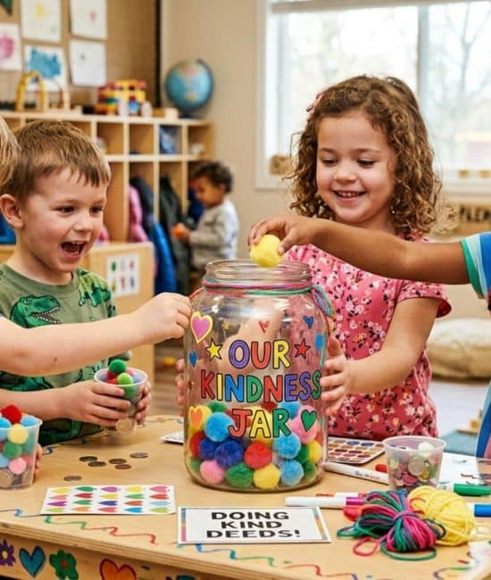 A group of diverse preschoolers smiles while adding colorful pom-poms to a large glass Our Kindness Jar in a classroom. (1)