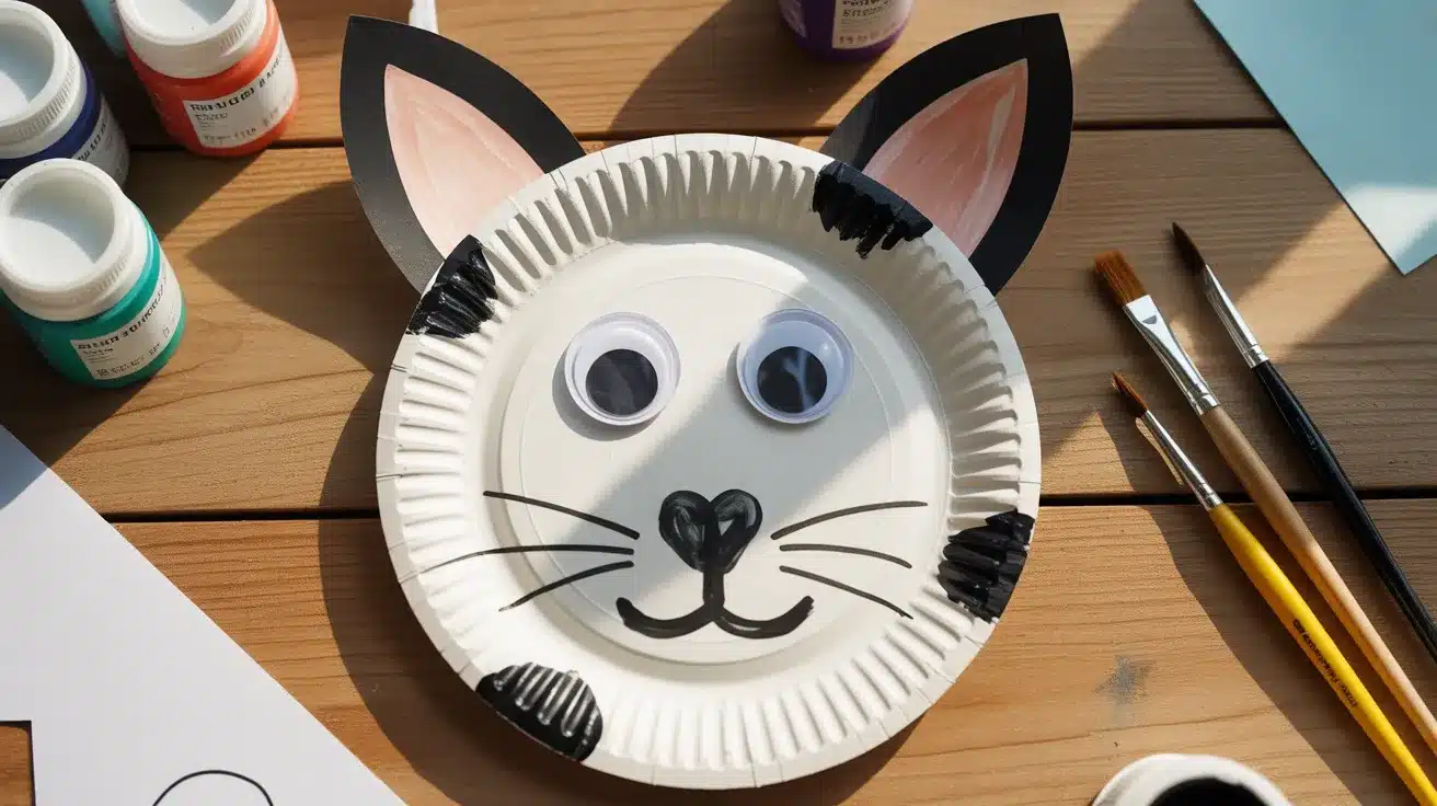 A handmade paper plate cow craft with black spots, paper ears, and googly eyes on a craft table