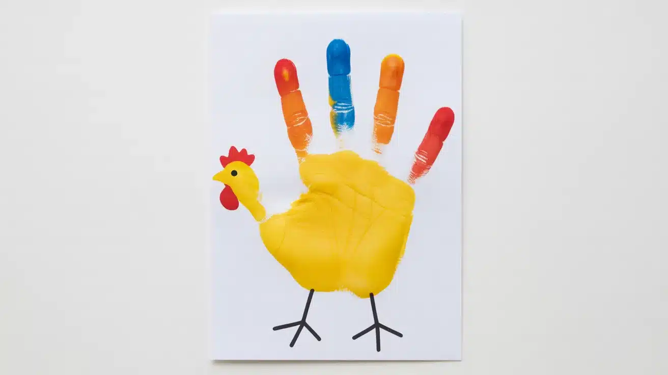 A handprint chicken art piece with a yellow palm body and colorful finger-painted feathers on white cardstock