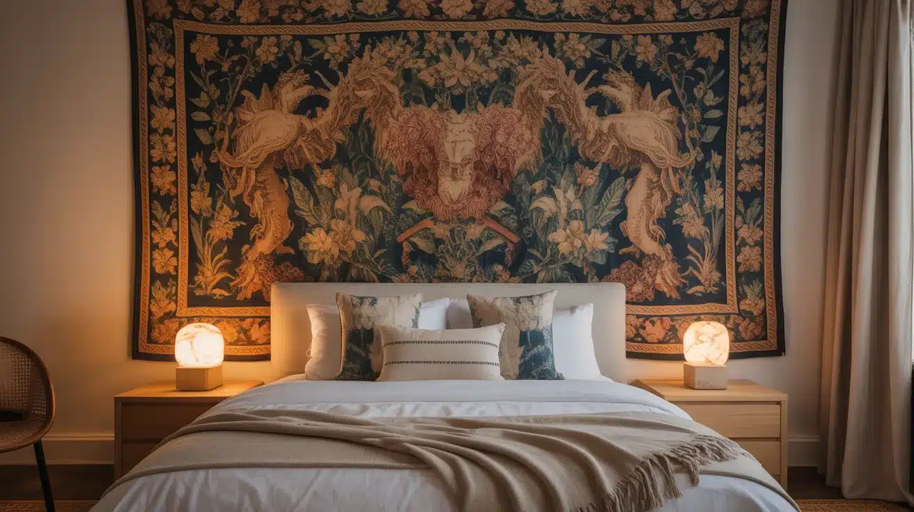 A large dramatic wall tapestry behind the bed serving as the focal point in an affordable aesthetic room idea