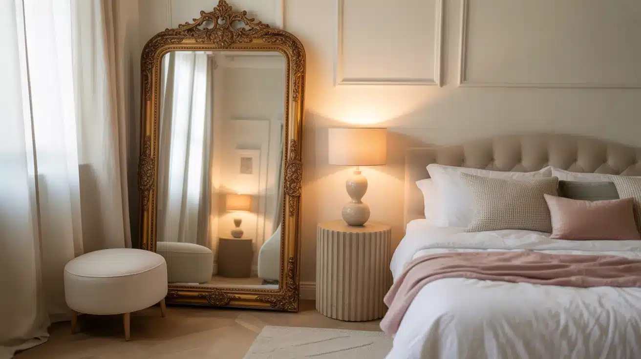 A large ornate vintage mirror reflecting warm light and opening up the space in a simple aesthetic room idea