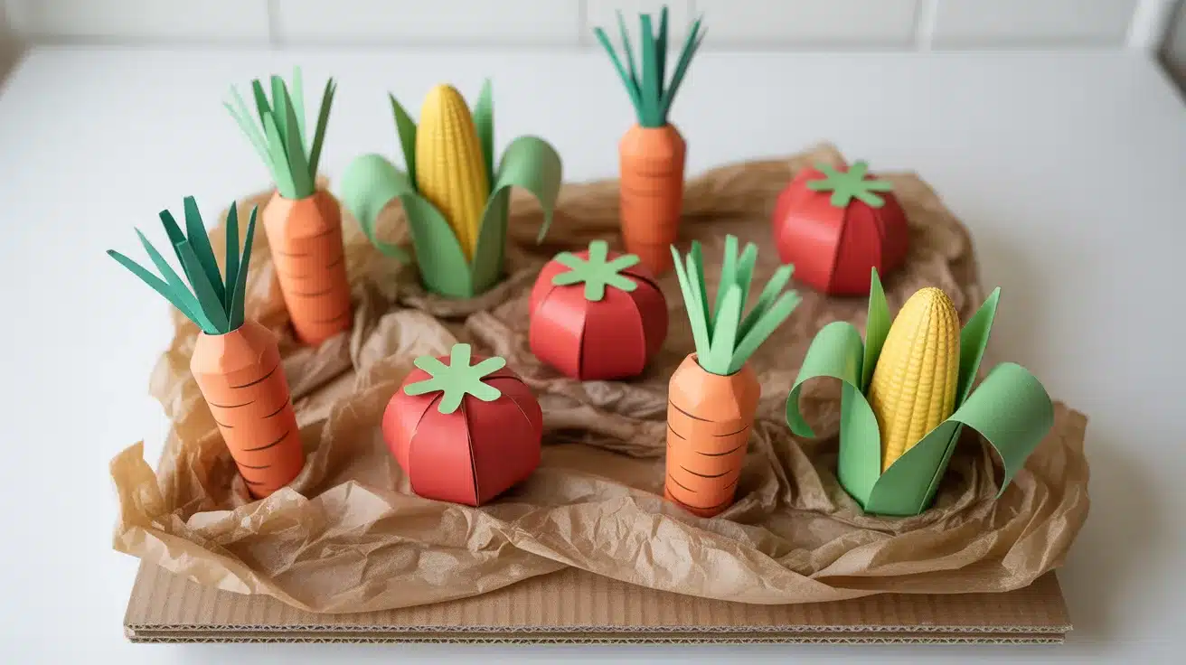A paper vegetable garden craft with colorful paper veggies and crumpled brown tissue paper soil on cardboard