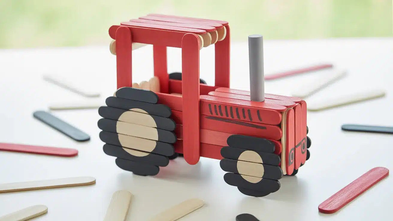 A popsicle stick tractor craft painted red with black cardstock wheels on a white craft surface