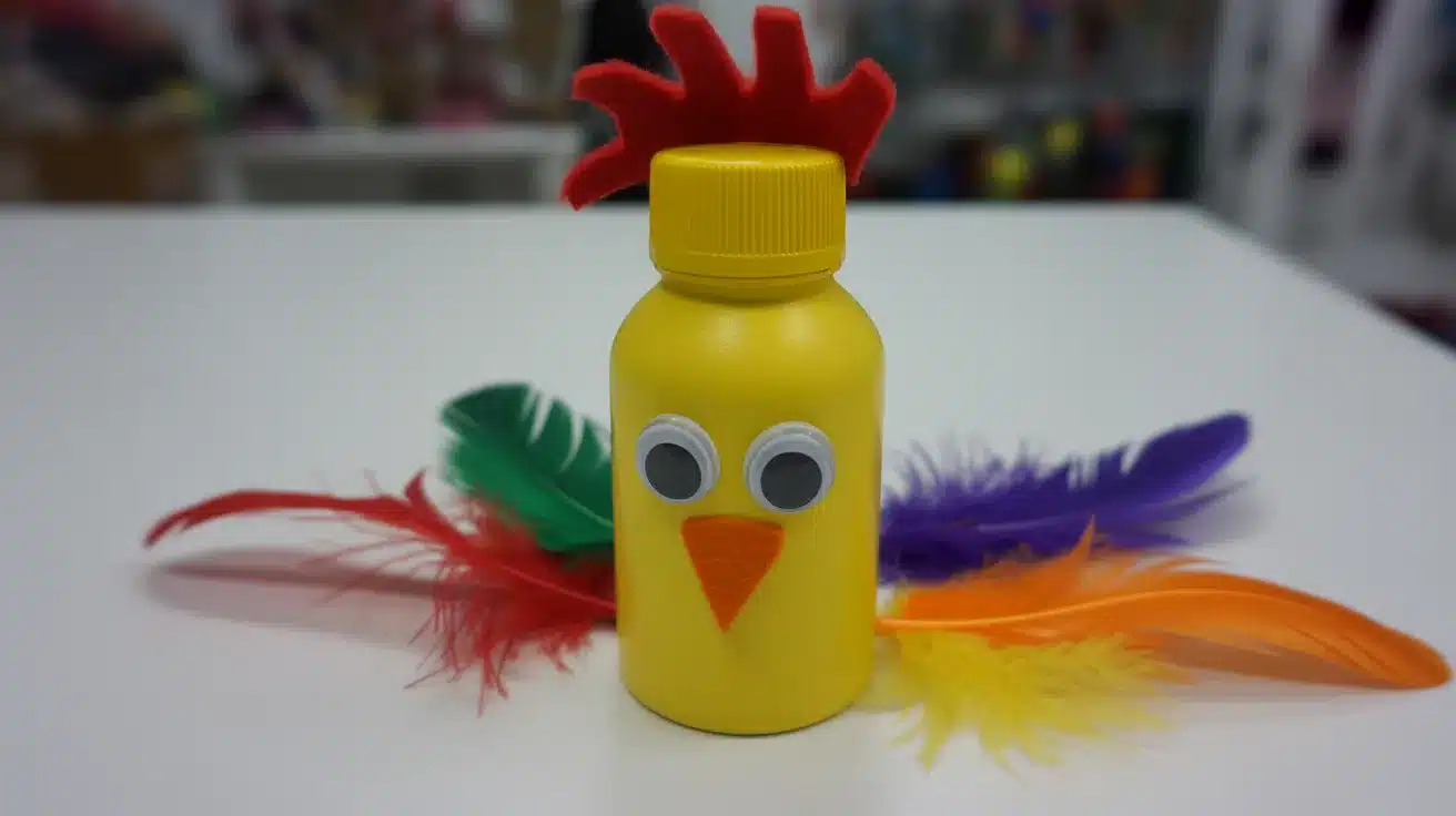 A recycled plastic bottle chicken craft painted yellow with a red felt comb, googly eyes, and craft feathers