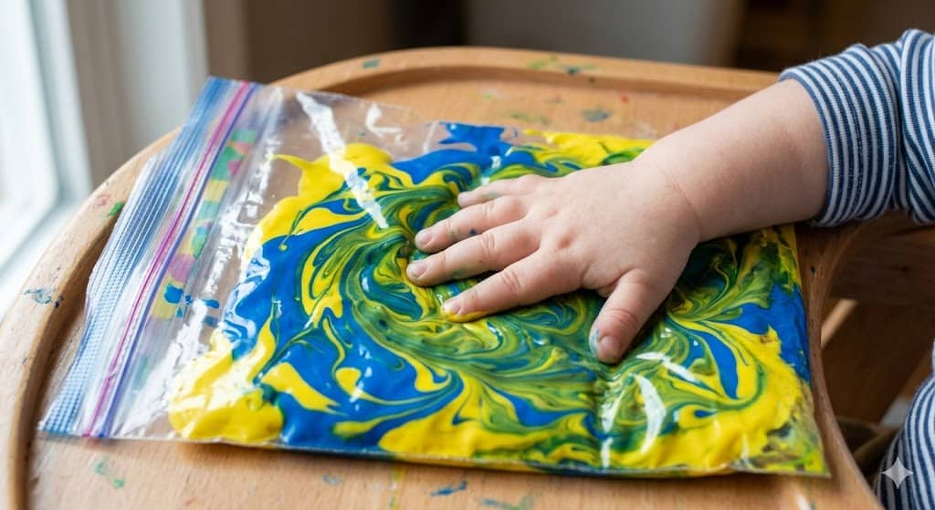 A sealed clear plastic bag containing swirls of blue and yellow paint being squished by a toddler's hand
