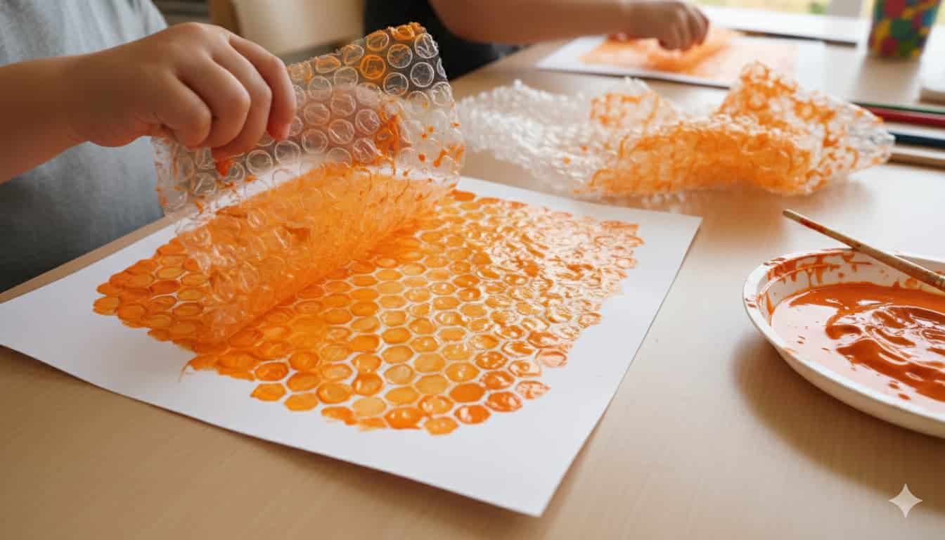 A sheet of paper showing a bright orange honeycomb pattern created by pressing painted bubble wrap onto the surface
