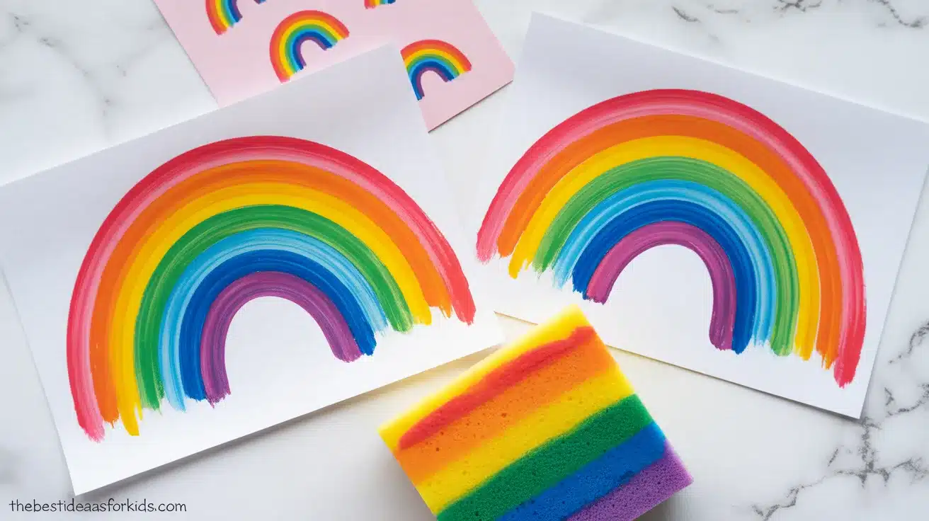 A single, perfect rainbow arch created in one continuous swipe using a rectangular sponge loaded with multi-colored paint