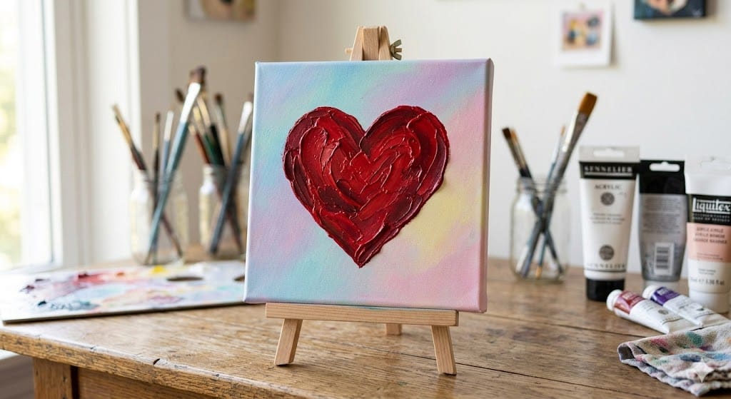 A small, professional-looking canvas featuring a large, textured red heart painted against a soft pastel background
