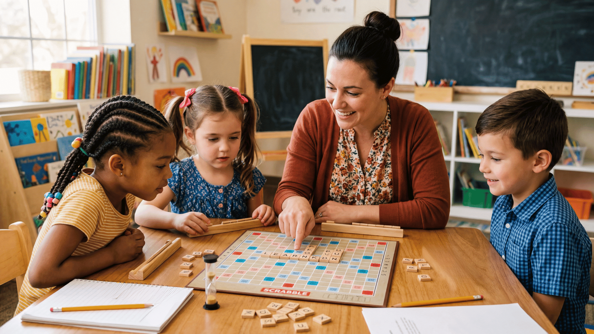 A smiling female teacher plays a game of Scrabble with three diverse young children at a wooden table in a bright classroom setting.