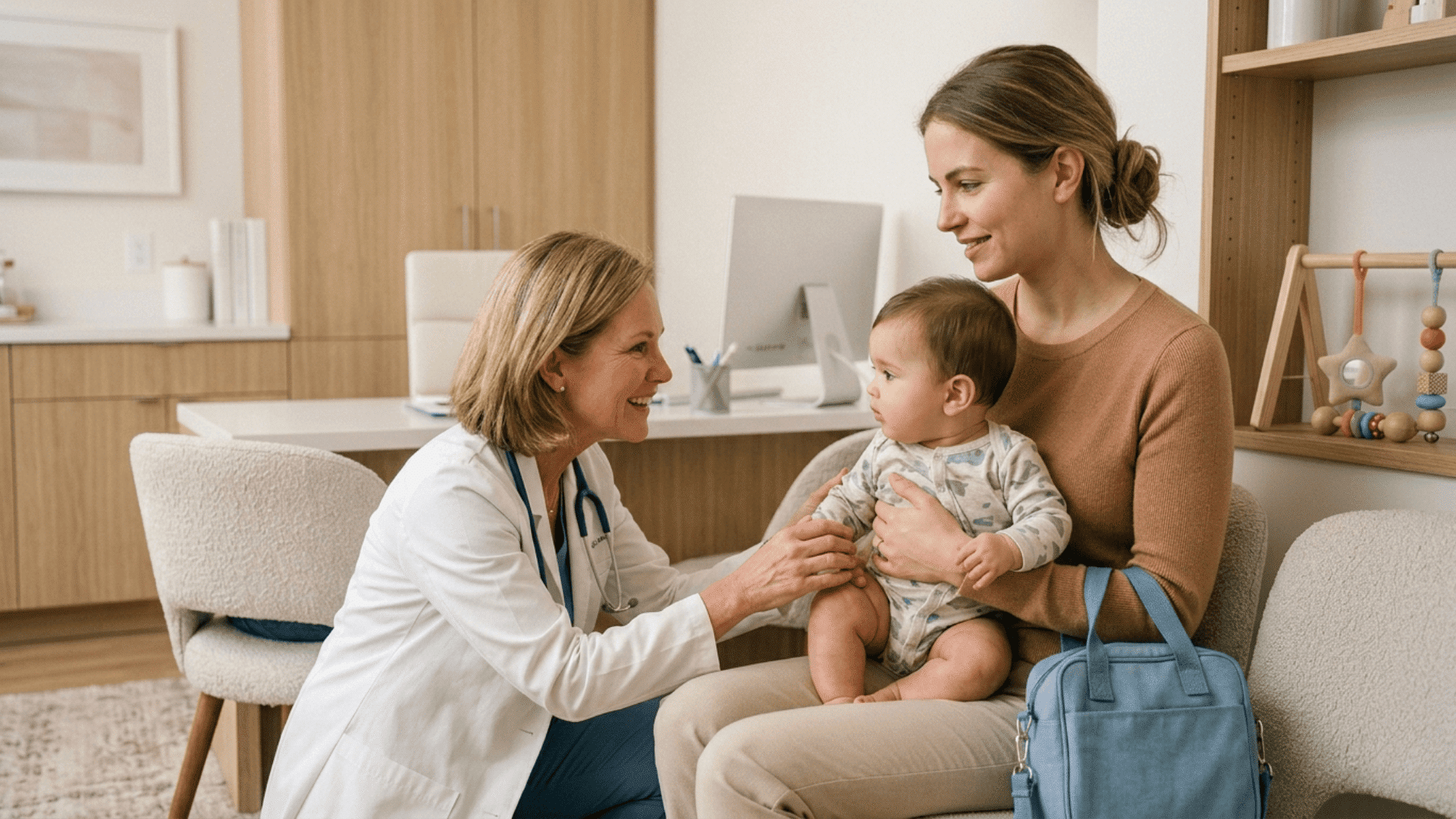 _A smiling pediatrician kneels to touch a baby in patterned onesie held by a smiling mother. Wooden clinic with blue bag and toys.
