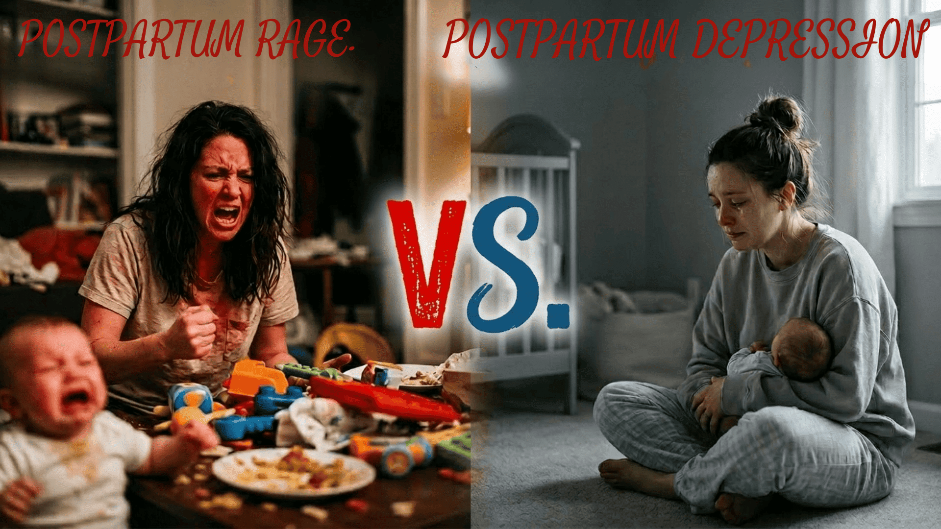 A split image titled POSTPARTUM RAGE VS. POSTPARTUM DEPRESSION. A screaming woman and baby on the left. A weeping mother and baby on the right. A large VS. is in the center