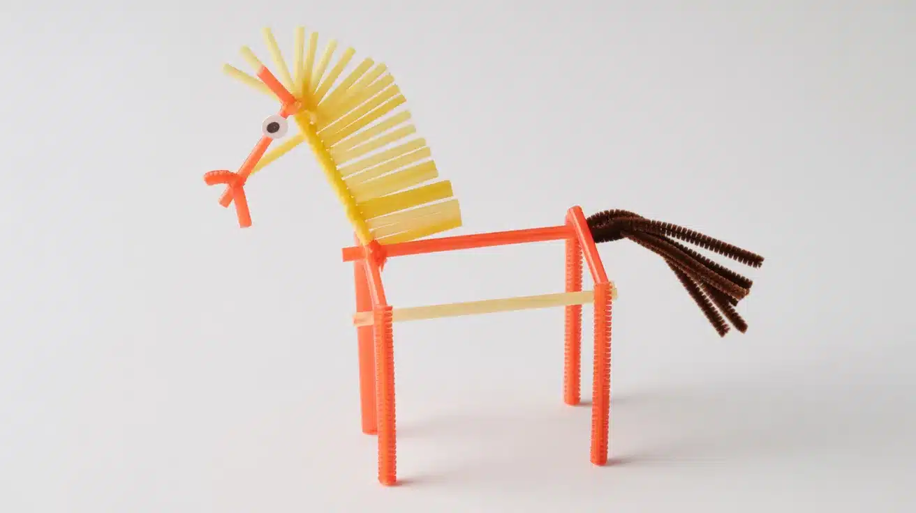 A straw and pipe cleaner horse craft with a small paper face displayed on a white surface