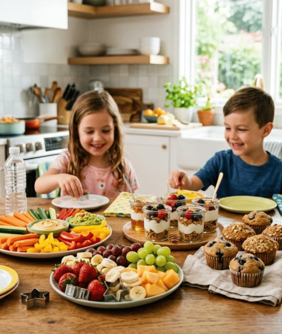 A variety of healthy snack ideas for kids including fruits, muffins, yogurt, and veggies arranged on a table